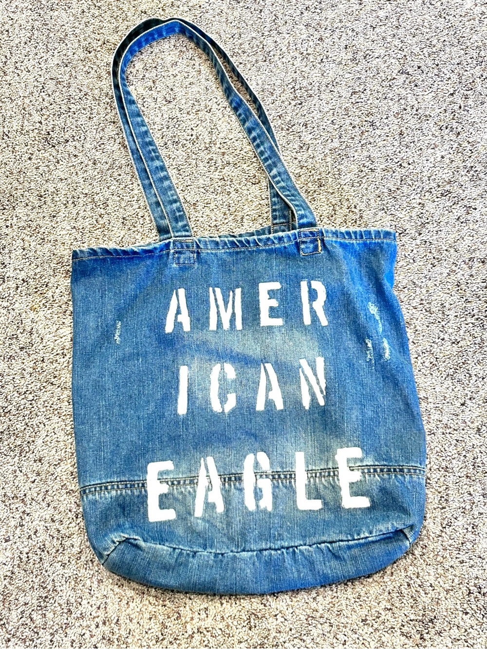 American Eagle Outfitters Blue Denim Tote Bag White Spellout Logo Patch 16.5”x15